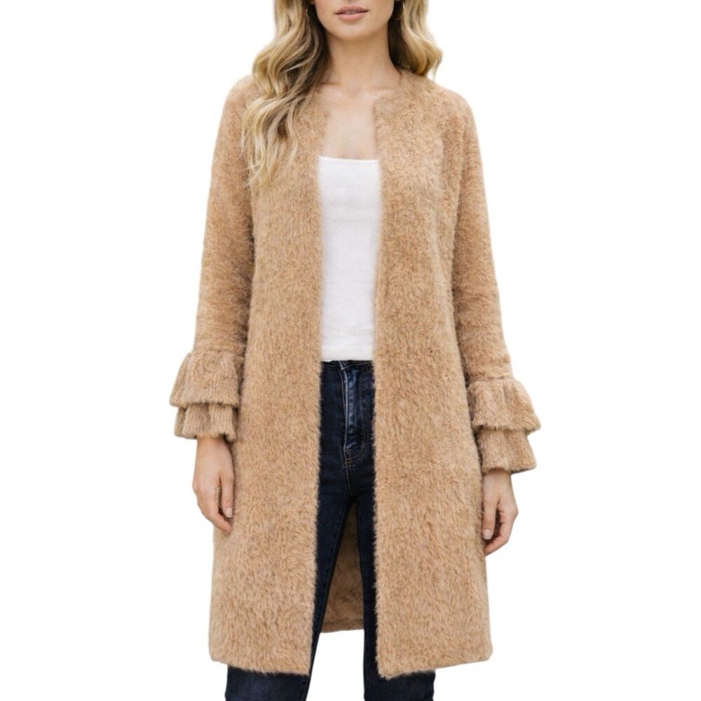 Catherine Malandrino Chestnut Fuzzy Open Front Long Cardigan